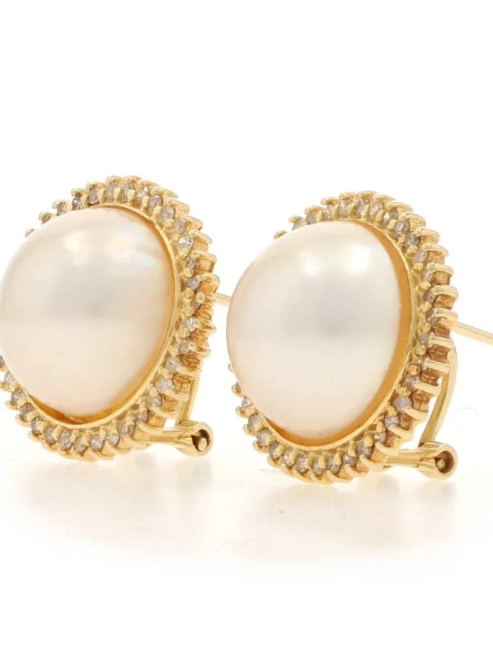 Yellow Gold Cultured Mabe Pearl Diamond Halo Stud Earrings 14k Rd .72ctw Pierced